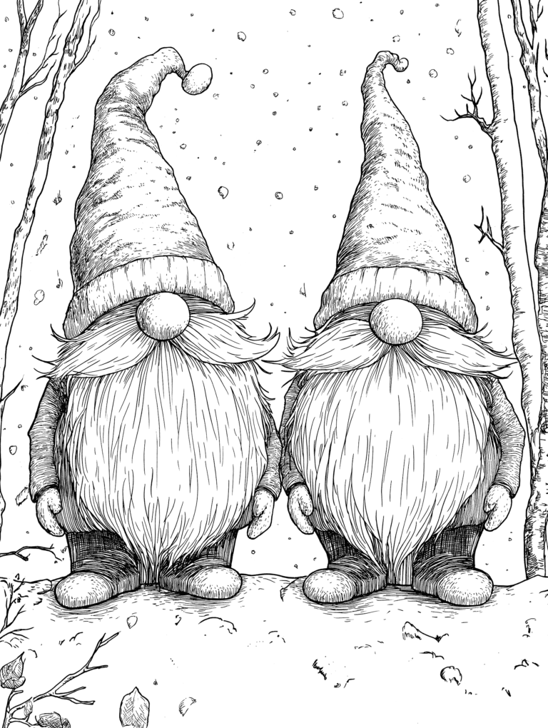 Two Cheerful Gnomes Standing Side by Side in a Winter Forest with Snow Falling Around Them and Tall Trees in the Background Adult Christmas Printable Coloring Pages By Best Printable