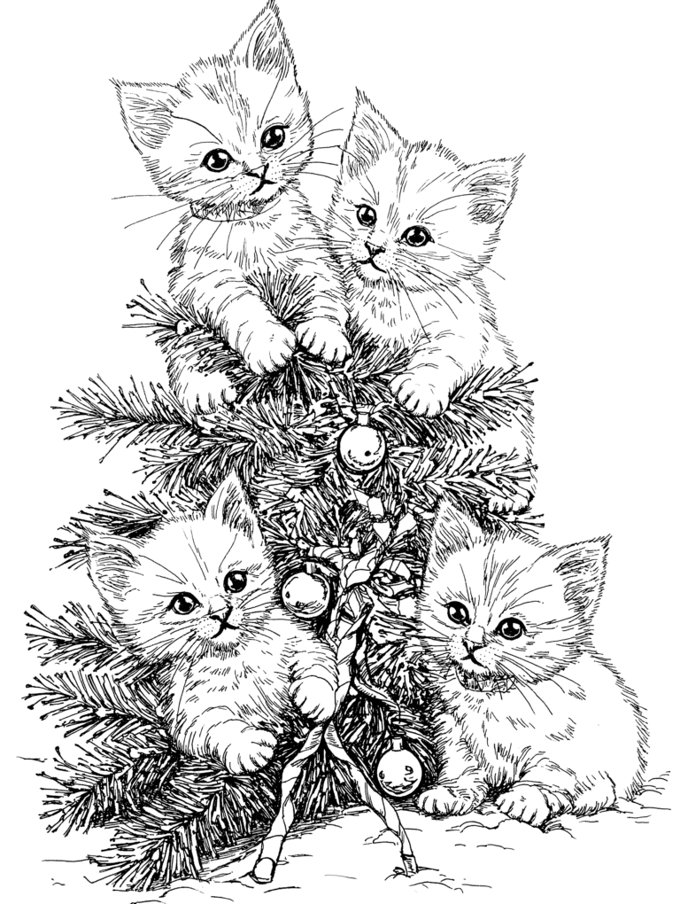 Adorable Fluffy Kittens Playfully Nestled Among Festive Holiday Pine Branches and Shiny Baubles Adult Christmas Printable Coloring Pages By Best Printable