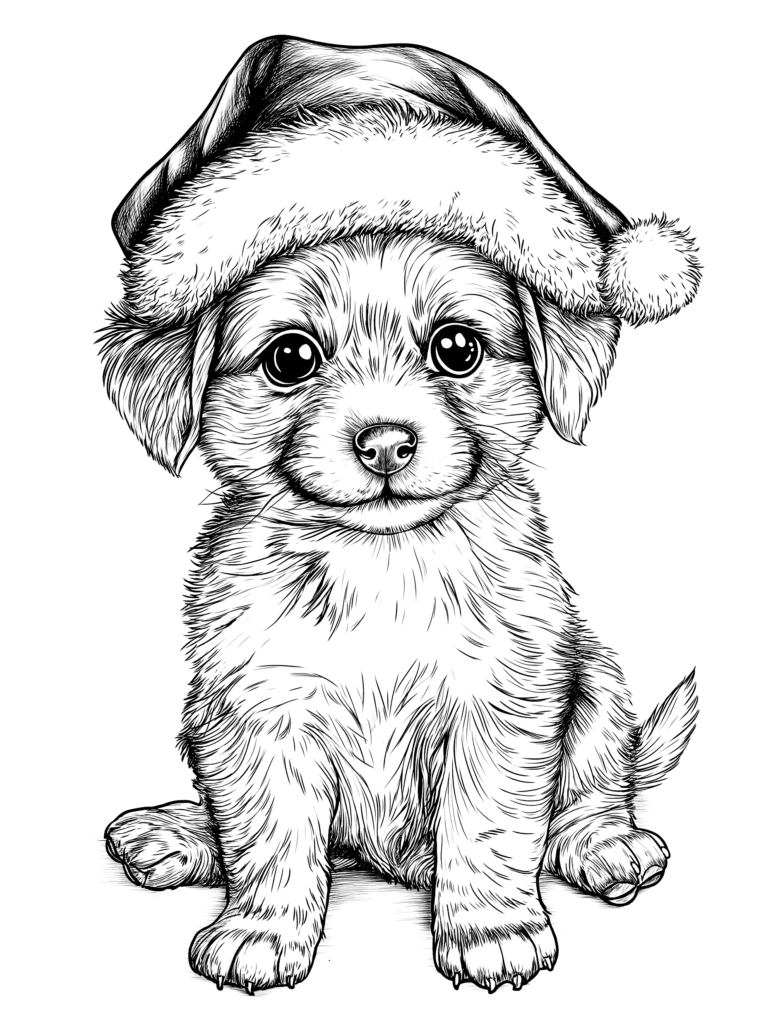 Adorable Fluffy Puppy Wearing a Festive Santa Hat with Big Innocent Eyes Sitting Down on a Cozy Winter Day Adult Christmas Printable Coloring Pages By Best Printable
