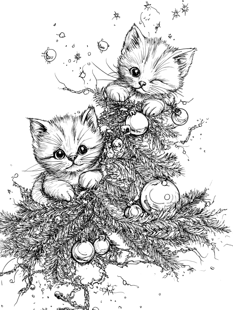 Playful Pair of Kittens Delightfully Tangled in Elaborate Christmas Tree Branches Adorned with Shiny Ornaments Amidst Falling Snowflakes and Twinkling Stars Adult Christmas Printable Coloring Pages By Best Printable
