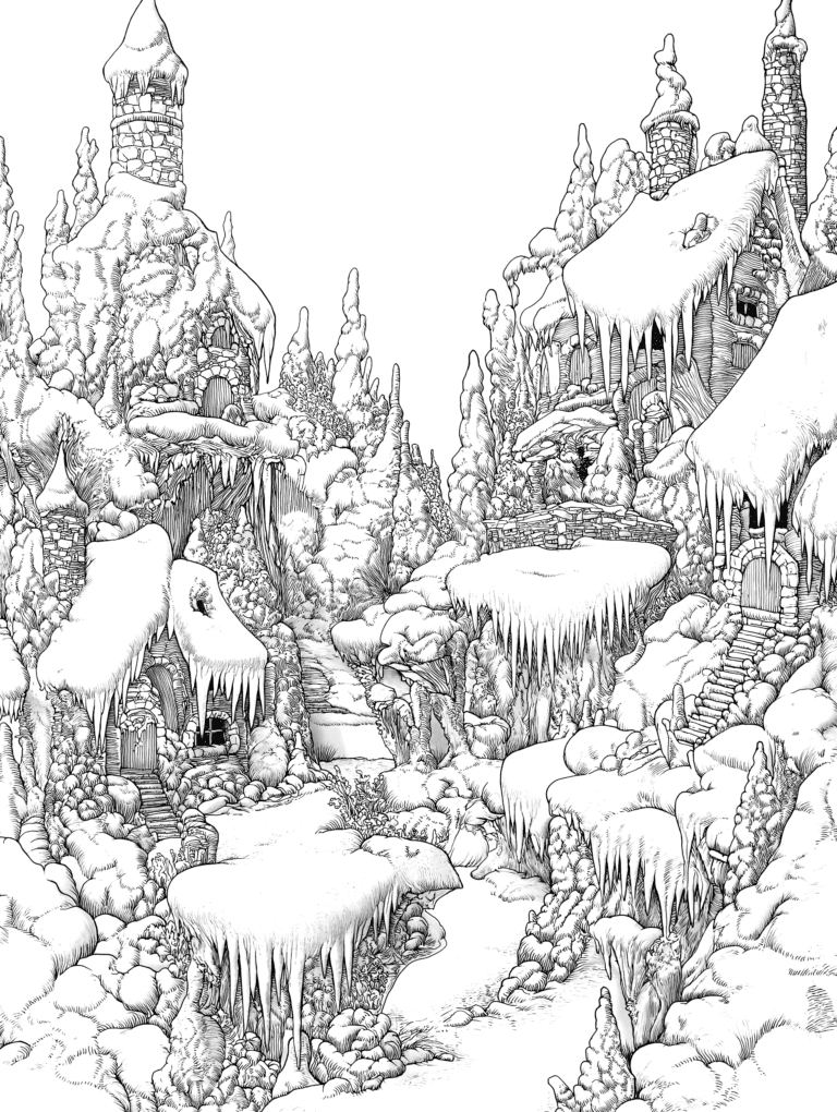 Enchanted Winter Village Nestled Among Snow-Capped Trees and Whimsical Icicle-Covered Cottages with Stony Paths Winding Through a Frozen Wonderland Adult Christmas Printable Coloring Pages By Best Printable