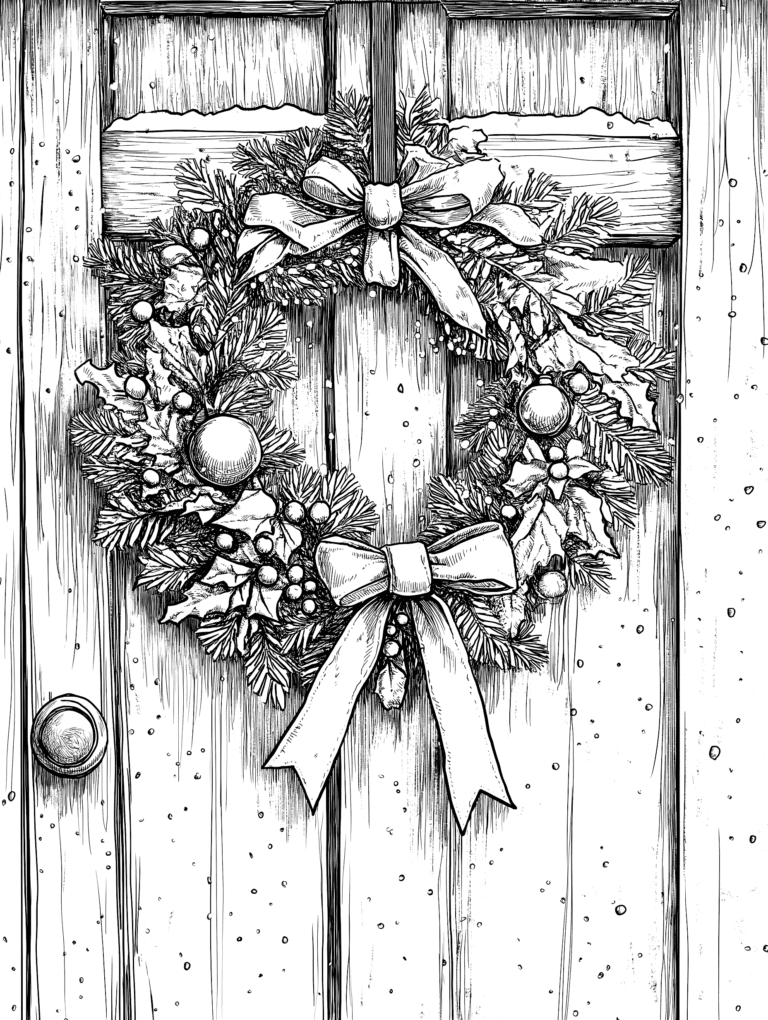 Festive Holiday Wreath Adorning a Wooden Door Decorated with Pinecones Holly Leaves Berries and Large Bows Amidst Gently Falling Snowflakes Creating a Cozy Winter Atmosphere Adult Christmas Printable Coloring Pages By Best Printable