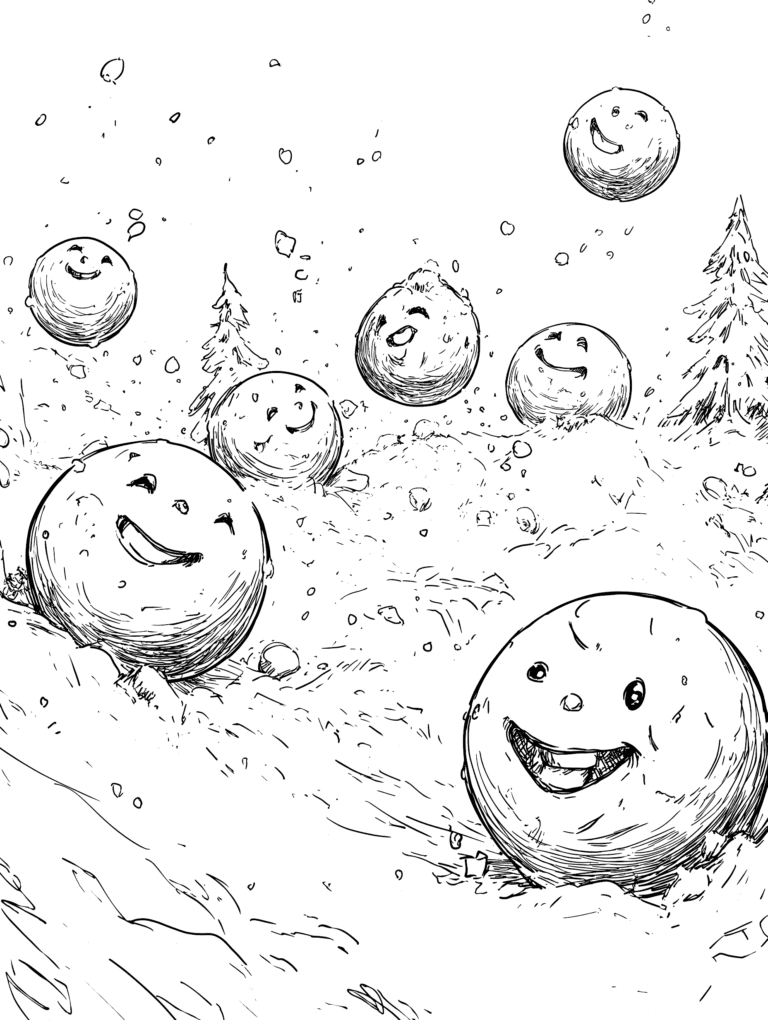 Joyful Snowball Adventure on a Wintery Hillside with Cheerful Smiling Snow Creatures Playfully Tumbling and Dancing in a Serene Snow-Covered Landscape Adorned with Lofty Pine Trees and Gently Falling Snowflakes Adult Christmas Printable Coloring Pages By Best Printable
