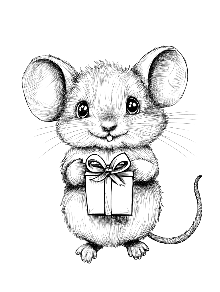 Adorable Fluffy Mouse With Large Ears Holding a Gift Box Wrapped in Ribbon and Bow with a Cheerful Expression and Long Curled Tail Adult Christmas Printable Coloring Pages By Best Printable