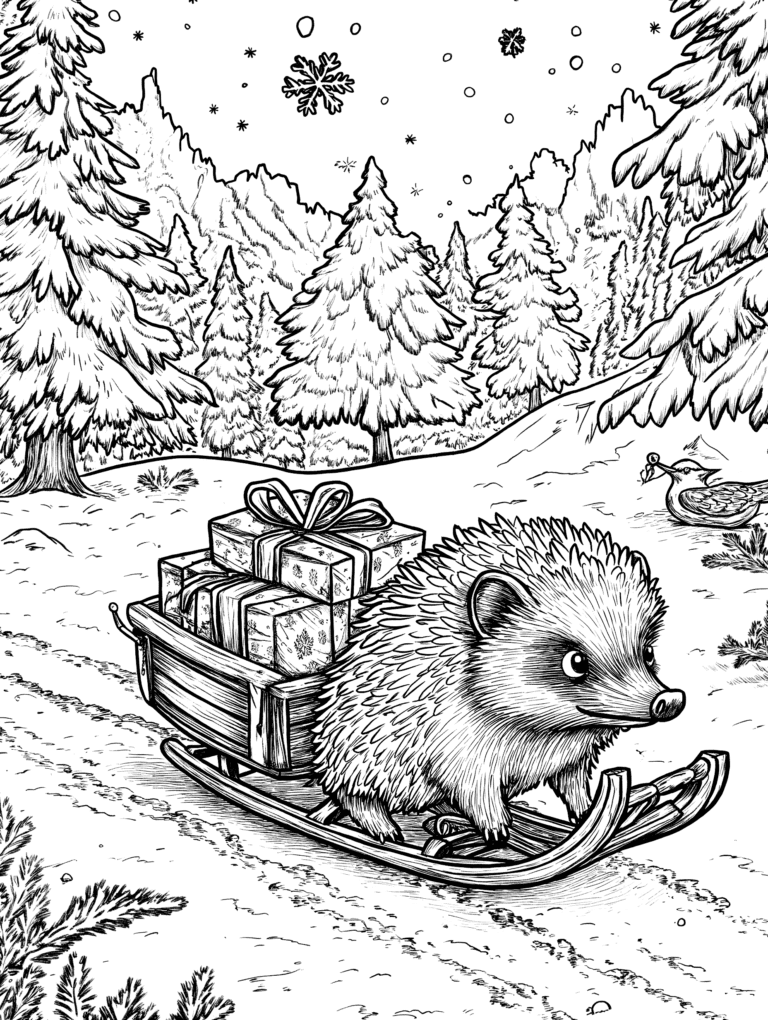 Adventurous Hedgehog on a Festive Sled Journey Through Snowy Pine Forest Laden with Gift Boxes and Gently Falling Snowflakes Adult Christmas Printable Coloring Pages By Best Printable