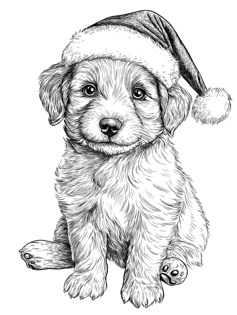 Adorable Fluffy Puppy Wearing a Cozy Santa Hat Sitting with a Sweet Expression and Big Innocent Eyes Ready for Festive Holiday Fun and Cheerful Moments Adult Christmas Printable Coloring Pages By Best Printable