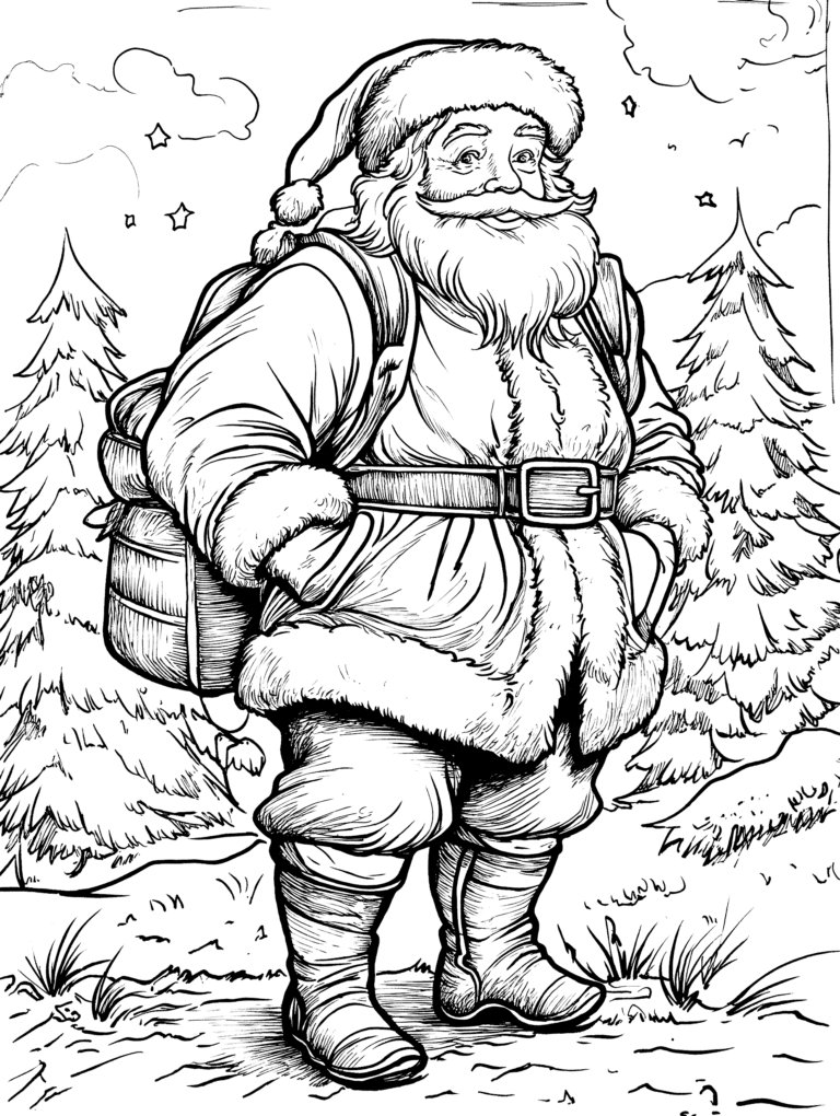 Jolly Bearded Man in Winter Forest Landscape with Twinkling Stars and Snow Covered Trees Holding a Large Gift Bag and Wearing a Warm Coat and Boots Adult Christmas Printable Coloring Pages By Best Printable
