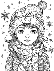 Cozy Winter Girl in Festive Knit Hat and Scarf Surrounded by Delicate Snowflakes Adult Christmas Printable Coloring Pages By Best Printable