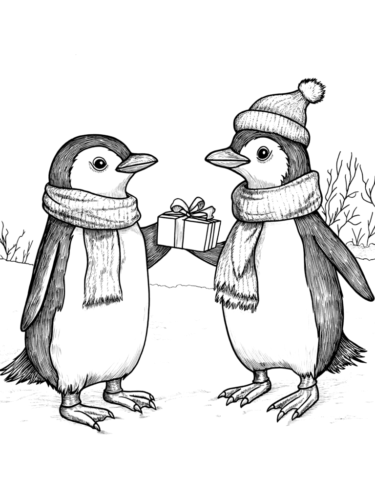 Bundled Up Penguins Sharing a Holiday Gift in a Snowy Winter Landscape Adult Christmas Printable Coloring Pages By Best Printable