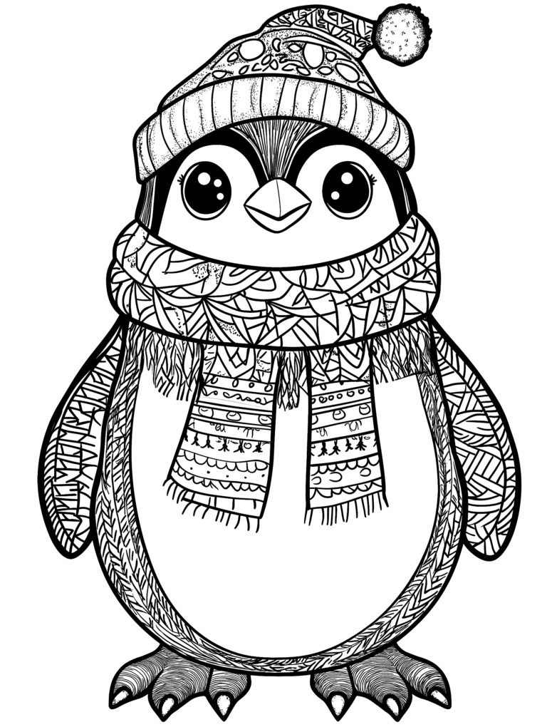 Charming Penguin Dressed in a Cozy Knitted Hat and Scarf with Intricate Pattern Details and Bright Expressive Eyes in a Playful Art Style Adult Christmas Printable Coloring Pages By Best Printable