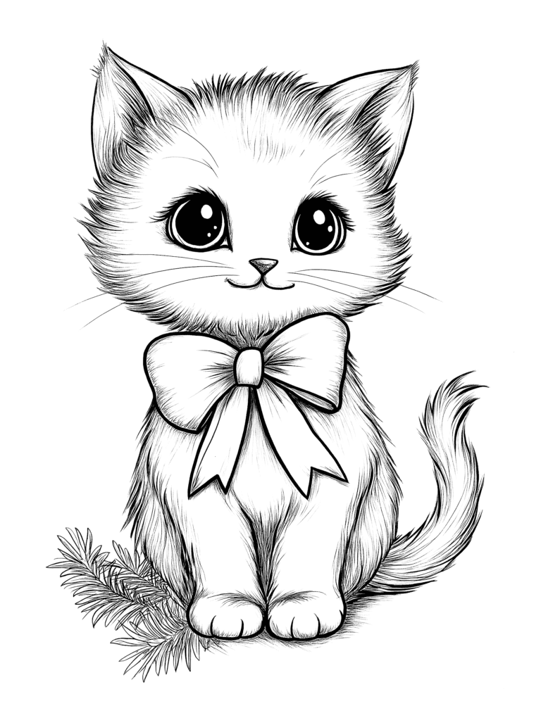 Adorable Fluffy Kitten with Big Sparkling Eyes Wearing a Large Ribbon Bow Sitting Elegantly on a Soft Pine Branch Adult Christmas Printable Coloring Pages By Best Printable