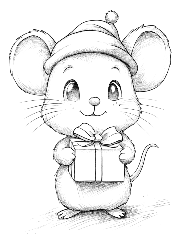 Adorable Little Mouse Wearing a Cozy Winter Hat Holding a Neatly Wrapped Present with a Large Bow While Standing Cheerfully on Its Hind Legs Ready to Celebrate the Holiday Season Adult Christmas Printable Coloring Pages By Best Printable
