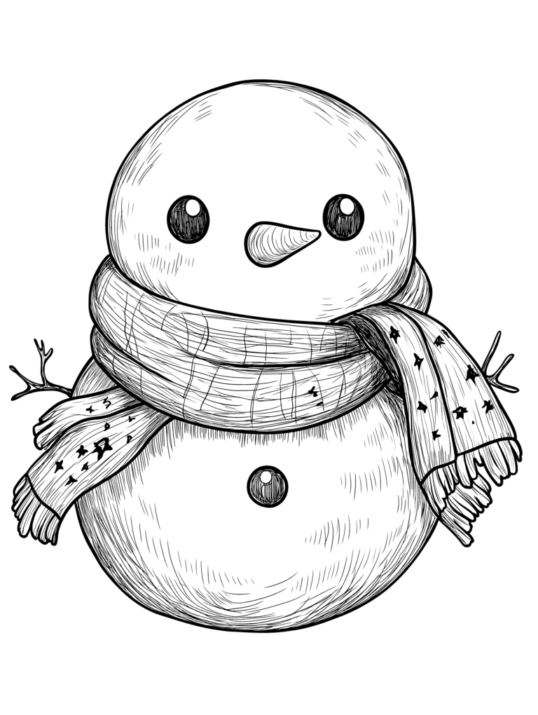 Charming Winter Snowman Adorned with Cozy Scarf and Twig Arms Ready for a Festive Season of Fun and Joyful Holiday Cheer Adult Christmas Printable Coloring Pages By Best Printable
