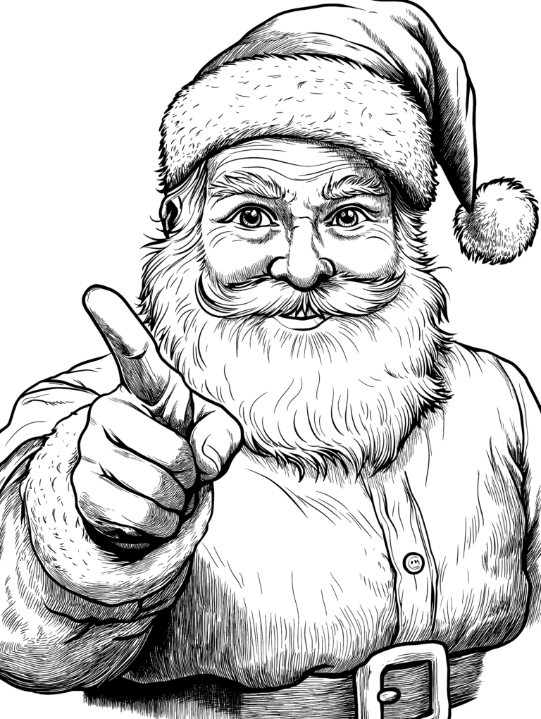 Jolly Santa Claus with Twinkling Eyes and Friendly Smile in Festive Hat Cheerfully Pointing at the Viewer with Fluffy White Beard and Cozy winter Coat Adult Christmas Printable Coloring Pages By Best Printable