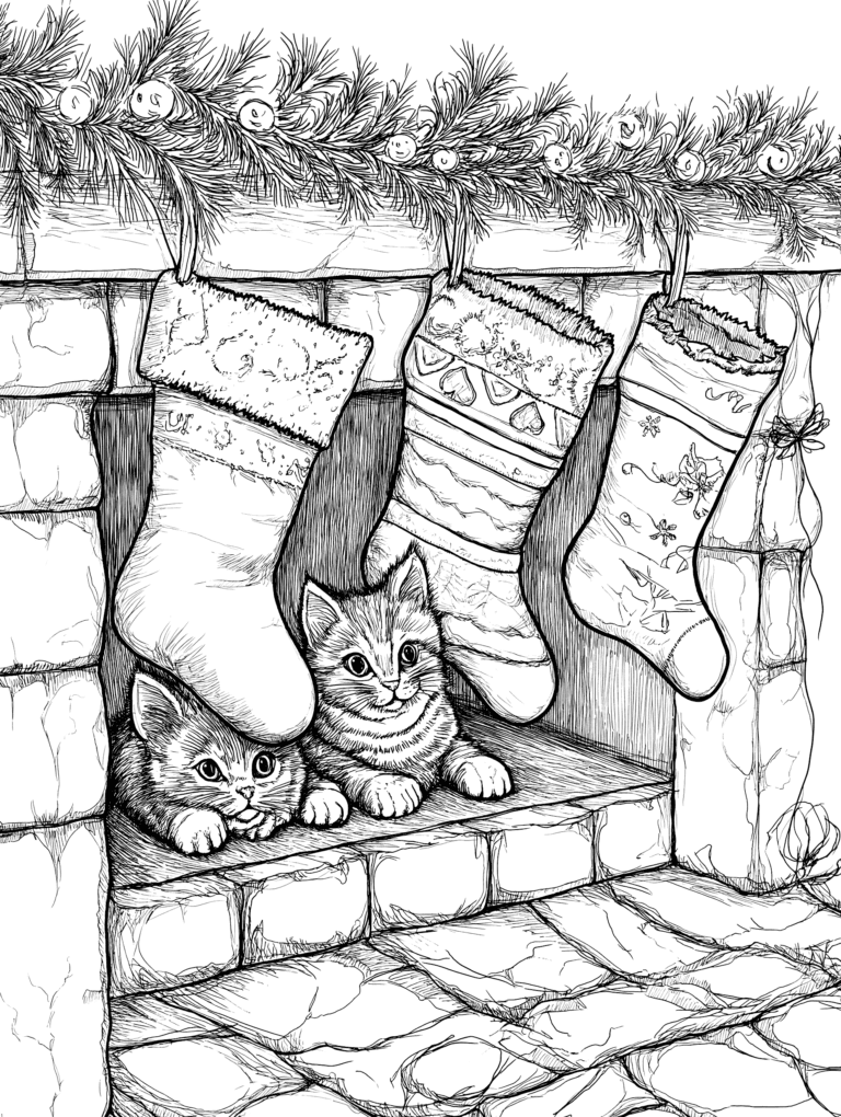 Cozy Kittens Snuggled Beneath a Festive Stone Fireplace Adorned with Hanging Christmas Stockings and Garland Adult Christmas Printable Coloring Pages By Best Printable