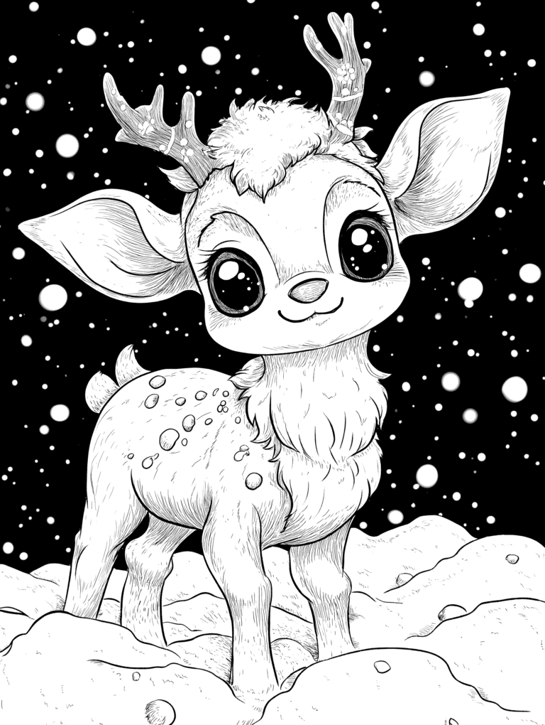 Adorable Baby Deer with Sparkling Eyes Standing on Snowy Hillside Amidst Gently Falling Snowflakes at Night Adult Christmas Printable Coloring Pages By Best Printable