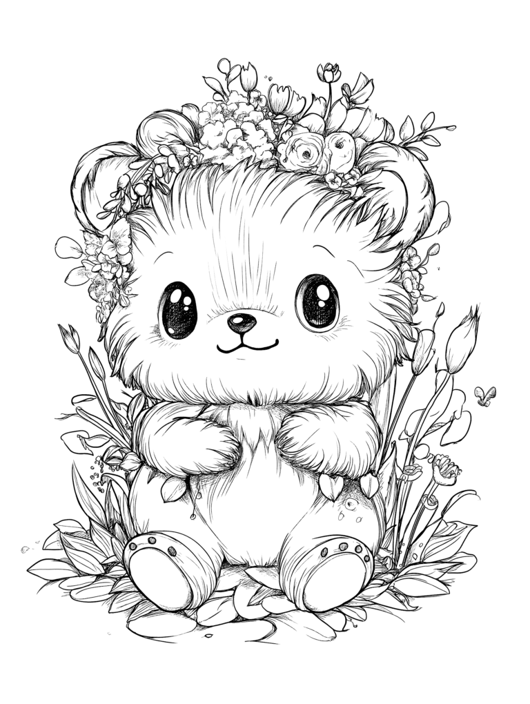 Adorable Fluffy Bear with Sparkling Eyes Sitting Among Delicate Wildflowers and Leaves Wearing a Lovely Floral Crown in a Peaceful Garden Scene with a Tiny Butterfly Fluttering Nearby Adult Christmas Printable Coloring Pages By Best Printable