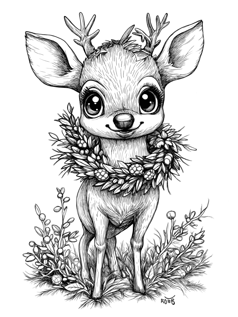 Adorable Young Deer with Big Eyes and Delicate Antlers Adorned with a Festive Floral Garland in a Whimsical Nature Scene Surrounded by Lush Plants and Flowers Adult Christmas Printable Coloring Pages By Best Printable