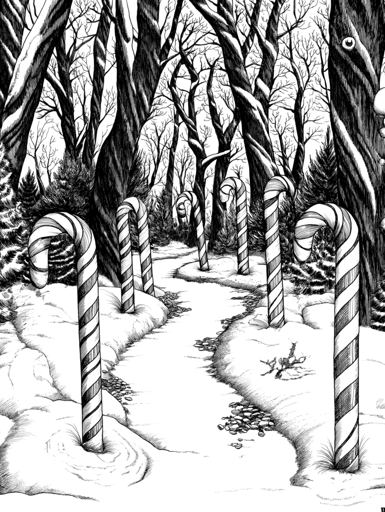 Whimsical Winter Wonderland Pathway Through Enchanting Forest of Giant Candy Canes and Snow Covered Trees Adult Christmas Printable Coloring Pages By Best Printable