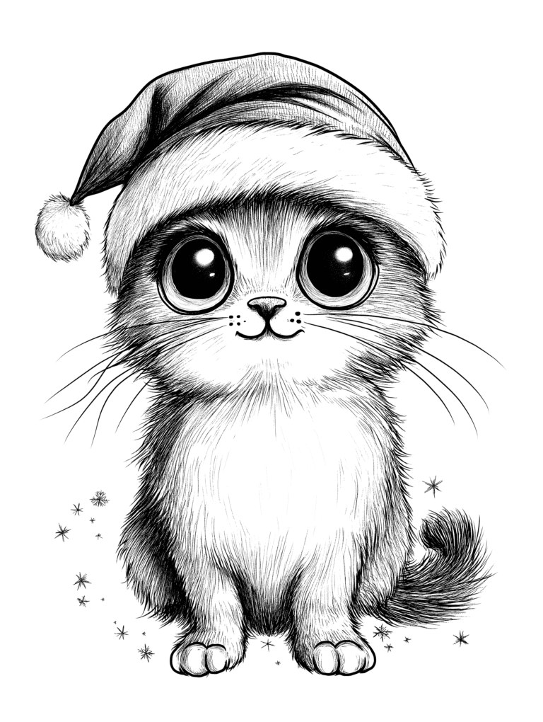 Adorable Wide-Eyed Kitten Wearing a Festive Santa Hat with Fluffy Fur and a Playful Tail Surrounded by Twinkling Stars Adult Christmas Printable Coloring Pages By Best Printable