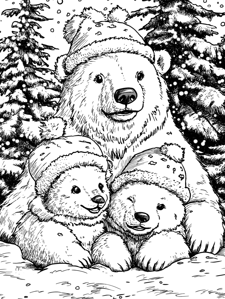 Playful Polar Bear Family in Cozy Woolen Hats Nestled Amidst Snowy Pine Trees in a Magical Winter Wonderland Scene with Gently Falling Snowflakes Adult Christmas Printable Coloring Pages By Best Printable