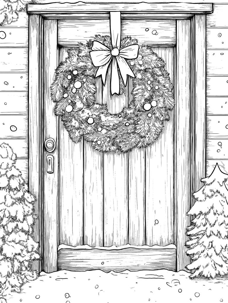 Rustic Wooden Door Adorned with Festive Holiday Wreath with Large Bow and Snowflakes Gently Falling around Fluffy Evergreen Trees Adult Christmas Printable Coloring Pages By Best Printable
