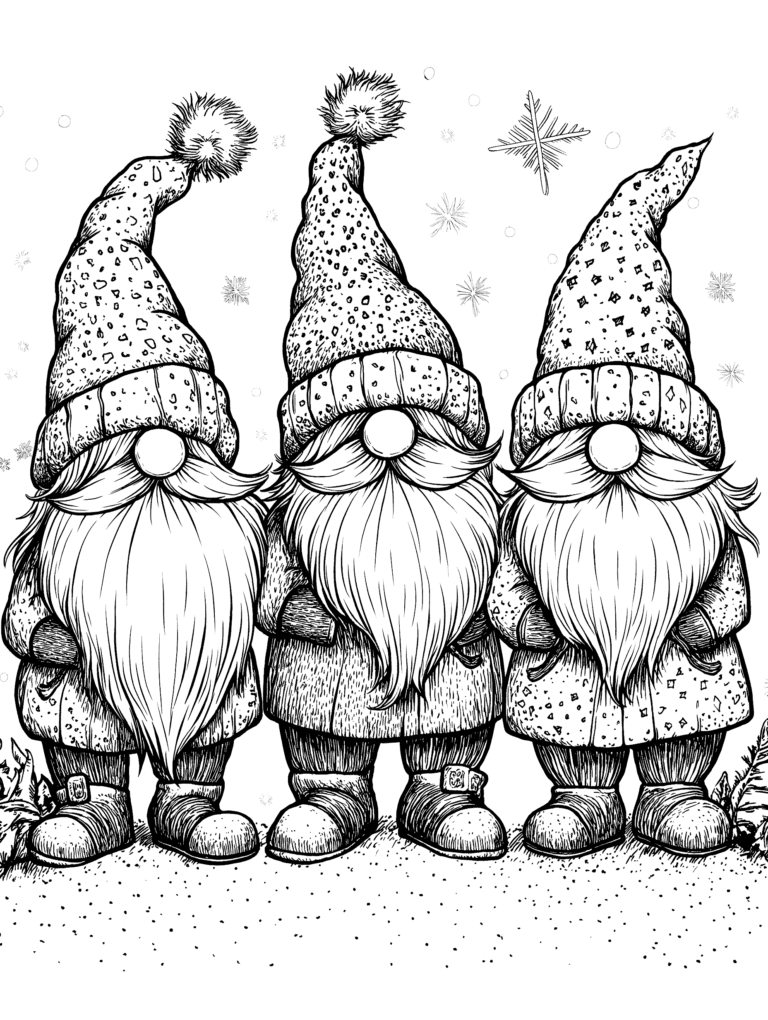 Three Jolly Gnomes in Oversized Hats Standing Together in a Winter Wonderland with Playful Snowflakes Gently Falling Around Them Adult Christmas Printable Coloring Pages By Best Printable