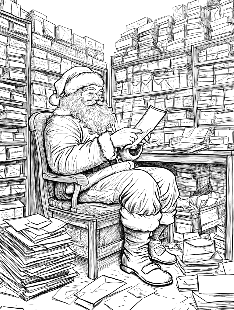 Cheerful Santa Sitting in Cozy Room Surrounded by Stacks of Letters as He Reads Smiling with Shelves Lined with Overflowing Boxes and Neatly Piled Envelopes Adult Christmas Printable Coloring Pages By Best Printable