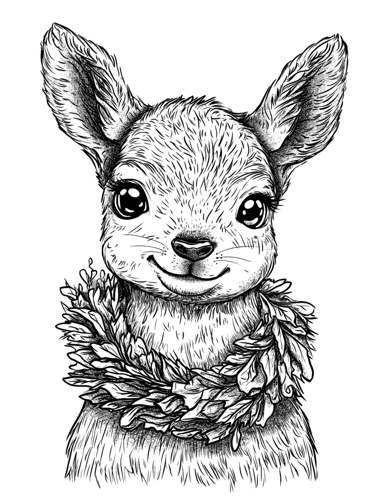 Adorable Fluffy Creature with Large Expressive Eyes and Oversized Ears Wearing a Detailed Wreath Made of Leaves Adult Christmas Printable Coloring Pages By Best Printable
