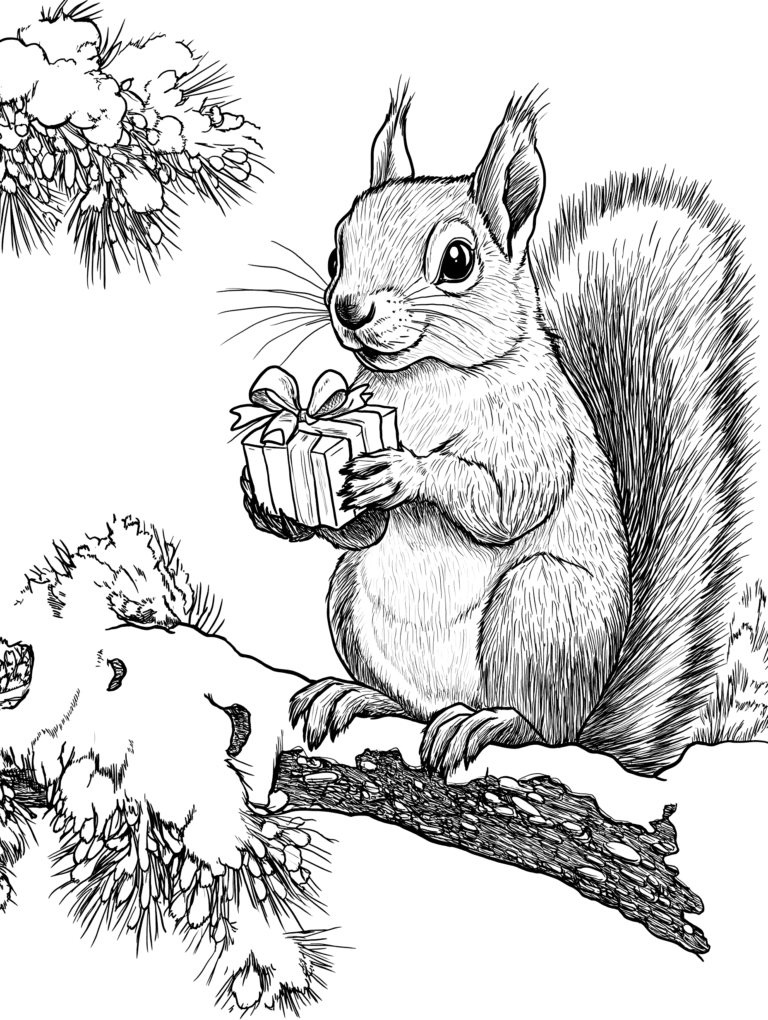 Fluffy Squirrel Perched on a Snowy Pine Branch Holding a Wrapped Gift Amidst a Winter Wonderland Scene Adult Christmas Printable Coloring Pages By Best Printable