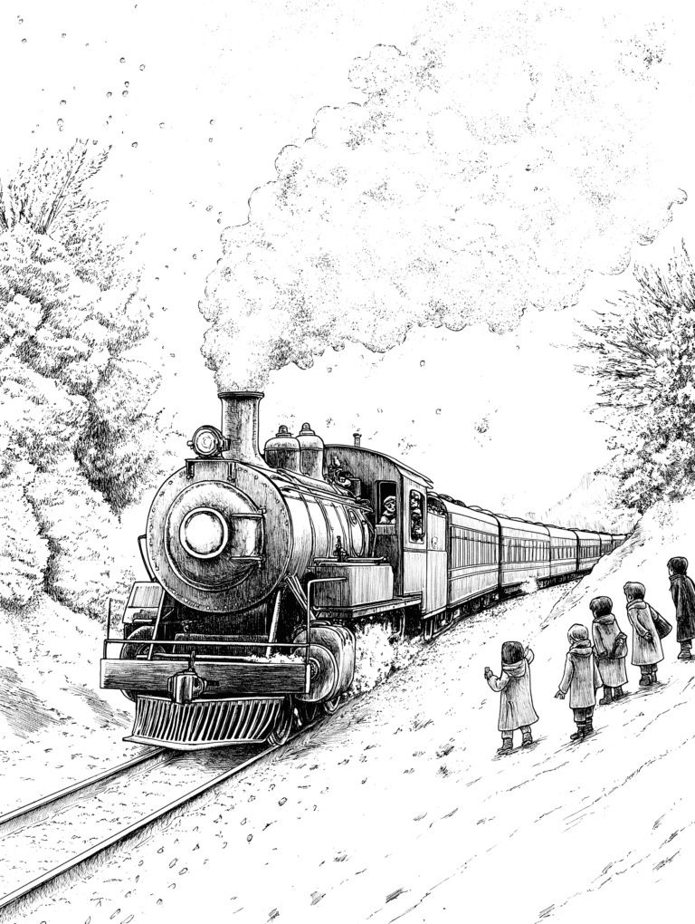 Steam Train Journey Through a Snowy Winter Wonderland with Children Waving Goodbye as It Passes Through the Scenic Countryside of Snow-Laden Trees and Gentle Hills Adult Christmas Printable Coloring Pages By Best Printable