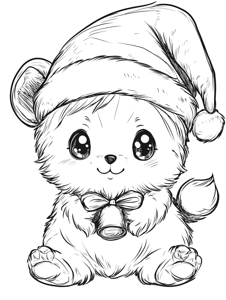 Adorable Fluffy Kitten with Soft Christmas Hat Holding Tiny Ornament with Big Shiny Eyes and Cute Little Bow Sitting Sweetly on a Cozy Winter Day Adult Christmas Printable Coloring Pages By Best Printable