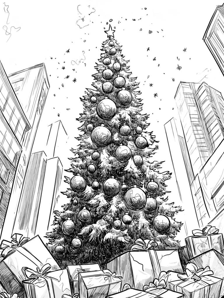 Towering Festive Christmas Tree Adorned with Shining Ornaments and Topped with a Star Surrounded by Wrapped Presents Amidst the Skyscrapers of a Bustling City Twinkling with Snowflakes Floating Gently Through the Crisp Winter Air Adult Christmas Printable Coloring Pages By Best Printable