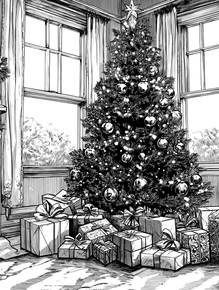 Majestic Christmas Tree in Cozy Living Room Corner Adorned with Shimmering Ornaments and Glittering Lights Surrounded by a Heap of Beautifully Wrapped Presents Beneath Tall Windows Draped with Elegant Curtains Adult Christmas Printable Coloring Pages By Best Printable