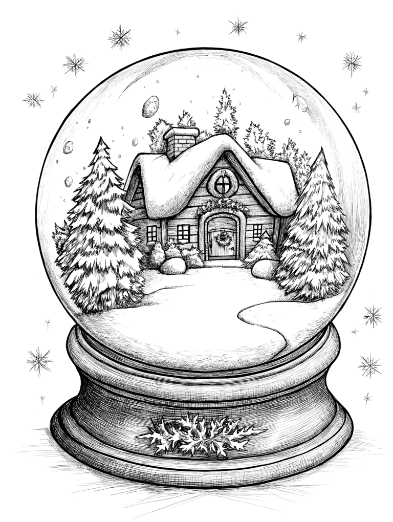 Charming Snowy Cabin Surrounded by Evergreen Trees Inside a Magical Glass Globe with Falling Snowflakes and a Detailed Wooden Base Adult Christmas Printable Coloring Pages By Best Printable