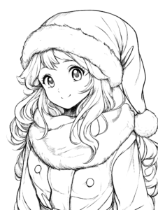 Cheerful Girl with Wavy Hair Wearing a Festive Fluffy Santa Hat and Cozy Fur Lined Coat in a Warm Winter Scene Adult Christmas Printable Coloring Pages By Best Printable