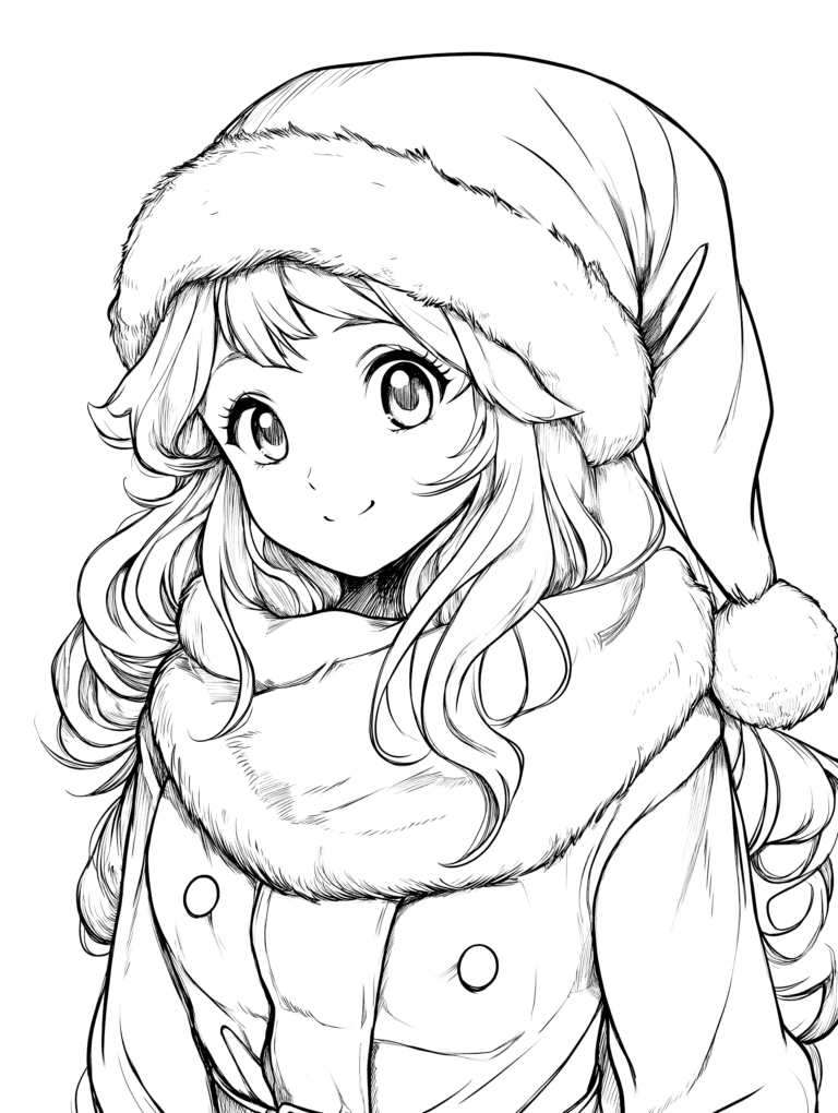 Cheerful Girl with Wavy Hair Wearing a Festive Fluffy Santa Hat and Cozy Fur Lined Coat in a Warm Winter Scene Adult Christmas Printable Coloring Pages By Best Printable