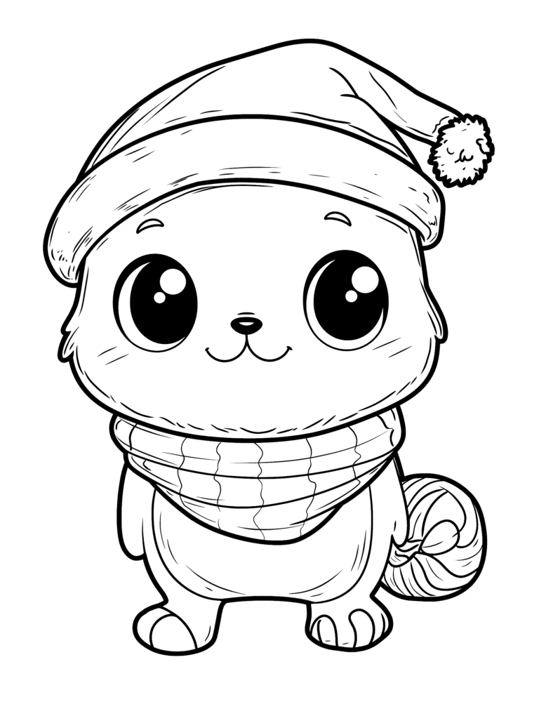 Adorable Cartoon Kitten with Big Sparkling Eyes Wearing a Fluffy Santa Hat and a Cozy Striped Scarf Ready for Winter Adventures Kids Christmas Printable Coloring Pages By Best Printable