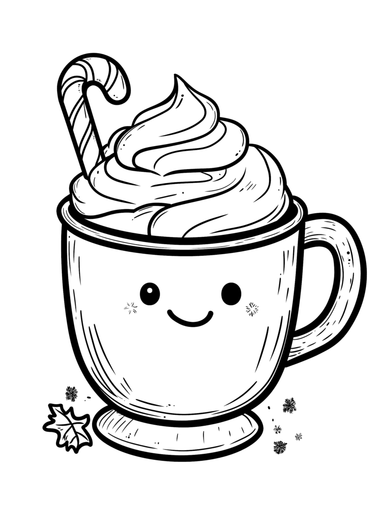 Adorable Smiling Mug Filled with Swirling Whipped Cream Topped with a Candy Cane and Surrounded by Snowflakes and a Single Autumn Leaf Kids Christmas Printable Coloring Pages By Best Printable