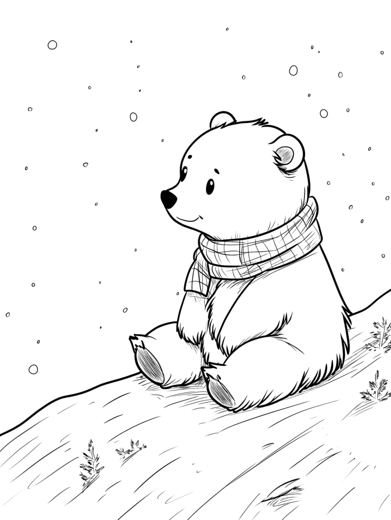 Cozy Little Bear Sitting on a Snowy Hilltop Adorned with a Warm Checkered Scarf Gently Watching the Snowflakes Fall in a Quiet Winter Wonderland Kids Christmas Printable Coloring Pages By Best Printable