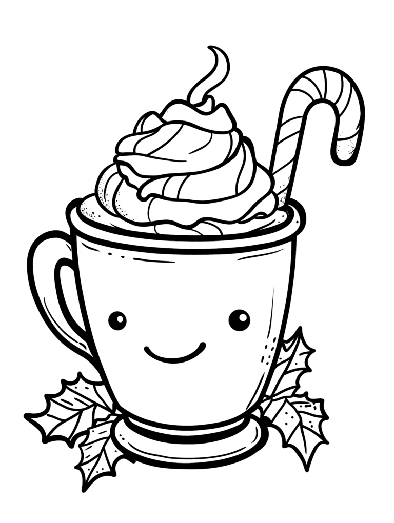 Adorable Smiling Hot Cocoa Cup with Creamy Swirl and Festive Candy Cane Surrounded by Delicate Holly Leaves for a Cozy Winter Moment Kids Christmas Printable Coloring Pages By Best Printable