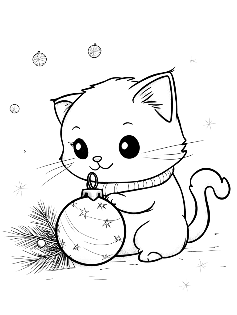 Adorable Kitten Wearing a Cozy Scarf Holding a Festive Ornament with Sparkly Stars and Pine Needles in a Whimsical Winter Scene Kids Christmas Printable Coloring Pages By Best Printable