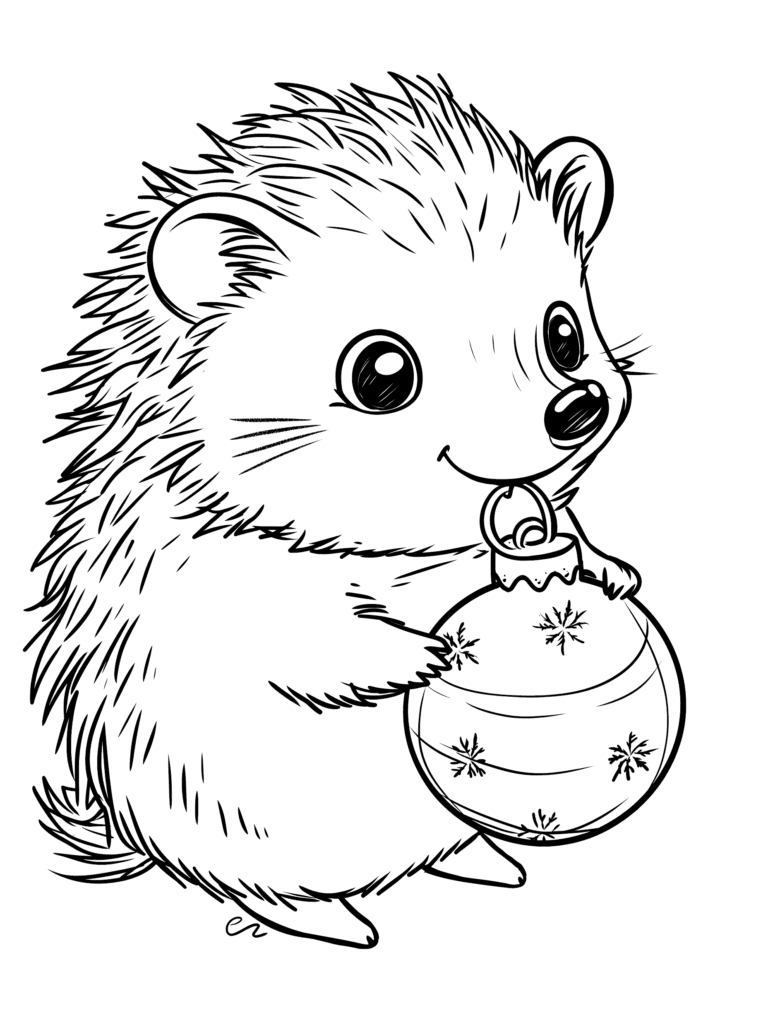 Charming Hedgehog with Big Bright Eyes Holding a Christmas Ornament Decorated with Snowflakes Ready for Festive Holiday Decorating Kids Christmas Printable Coloring Pages By Best Printable