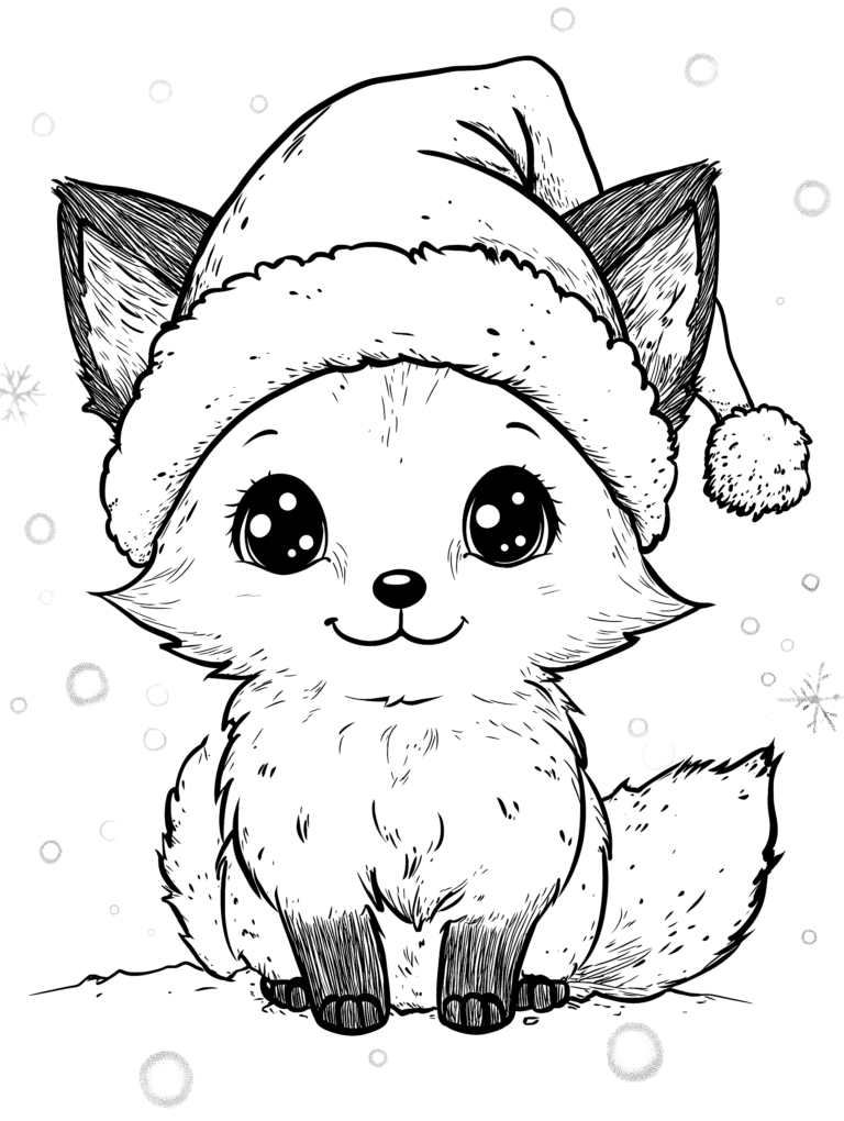 Adorable Fluffy Fox Sitting in the Snow with Festive Santa Hat and Cheerful Big Eyes Surrounded by Falling Snowflakes in a Winter Wonderland Scene Kids Christmas Printable Coloring Pages By Best Printable