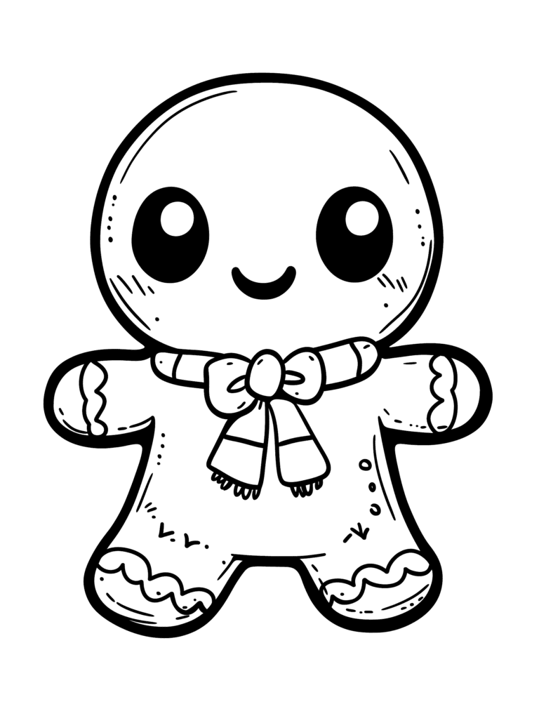 Adorable Gingerbread Cookie with Big Smiley Face and Cozy Scarf Featuring Cute Round Eyes and Decorative Icing Details Kids Christmas Printable Coloring Pages By Best Printable