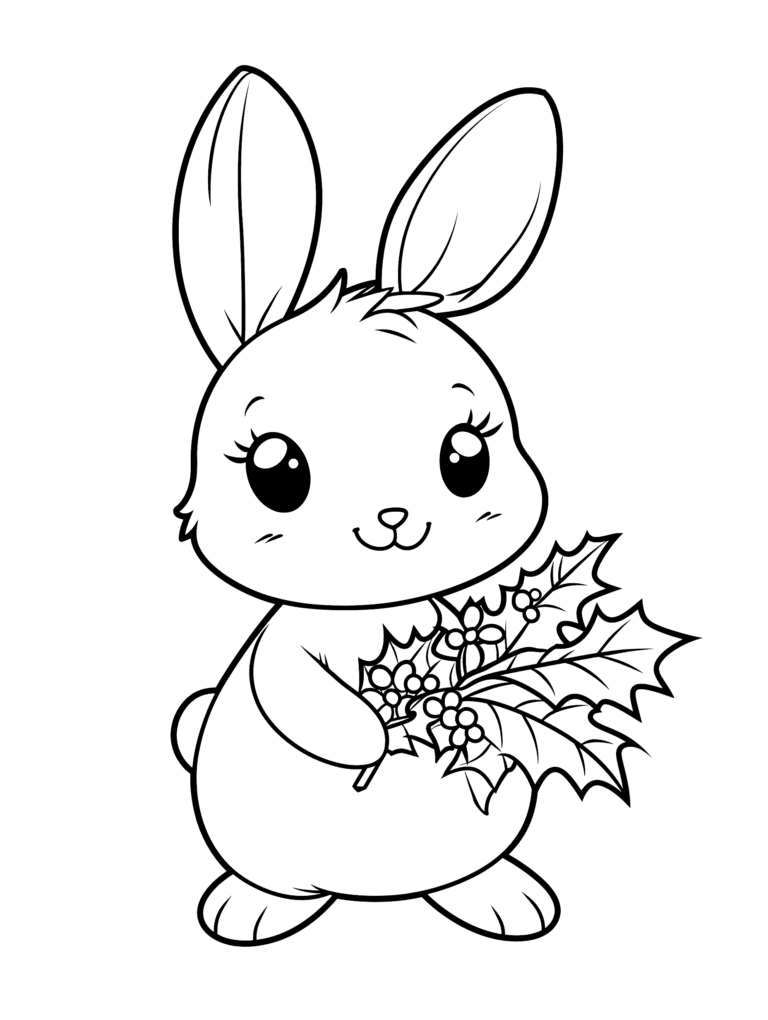 Adorable Fluffy Bunny Holding a Festive Holly with Delicate Leaves and Berries in its Paws Smiling Cheerfully Kids Christmas Printable Coloring Pages By Best Printable