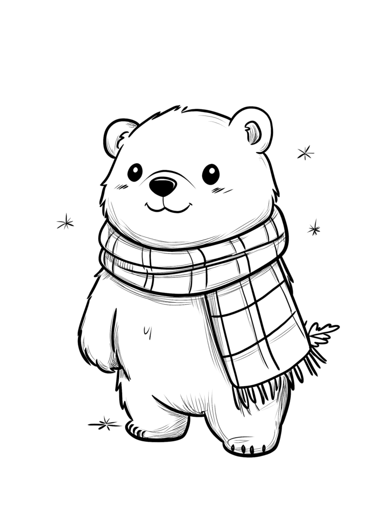 Smiling Adorable Bear Wearing a Cozy Plaid Scarf Surrounded by Falling Snowflakes in a Winter Wonderland Scene Kids Christmas Printable Coloring Pages By Best Printable