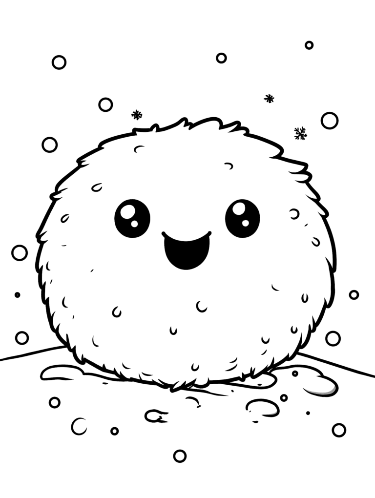 Adorable Fluffy Snow Creature Smiling Amid Falling Snowflakes and Playful Winter Scene Kids Christmas Printable Coloring Pages By Best Printable