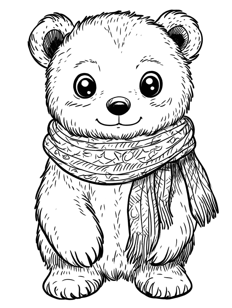 Adorable Fluffy Bear Wearing a Cozy Patterned Scarf with Big Bright Eyes and Gentle Smile Kids Christmas Printable Coloring Pages By Best Printable