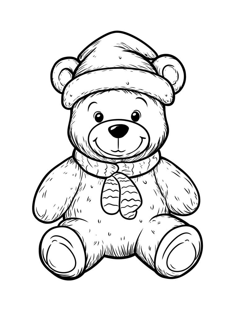 Adorable Plush Teddy Bear with a Cozy Woolen Hat and a Patterned Scarf Sitting Happily Ready for Coloring Fun Kids Christmas Printable Coloring Pages By Best Printable